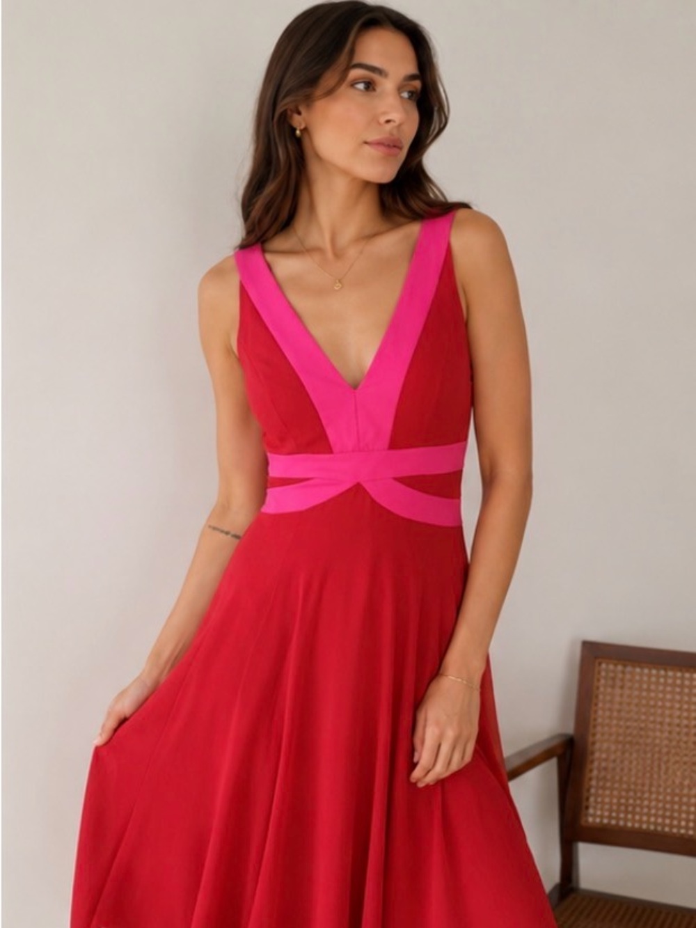 Kay Unger Red and Pink Midi Dress